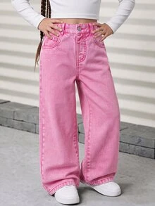 SHEIN Elladie kids 女童粉色寬腿牛仔褲，高腰休閒長褲，幼兒時尚褲裝 - 粉色 - 查看 3