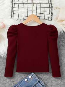 Emery Rose Kids Emery Rose Kids 兒童青少年女孩純色圓領泡泡長袖休閒T恤 - 紅色 - 查看 7