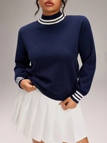 EMERY ROSE Plus Size Women's Comfortable Women's Pullover Long-Sleeved Knit Top Sweater, Navy Blue Base With Striped Turtleneck And Cuffs, Versatile Fall/Winter - Navy Blue - View 1