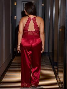 SilkySpell Wine Red Lace Top With Open Back And Lace Trim Plus Size Women's Loungewear Set - Burgundy - View 4