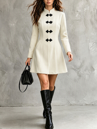 Balvessa Women's Elegant Fall Winter Off White Stand Collar Long Sleeve Woolen Coat With Black Frog Buttons, Suitable For Christmas, Halloween, New Year Party