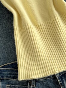 Sweetra Minimalist Cream Yellow Turtleneck Cropped Knit Top - Yellow - View 4