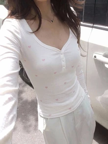 DAZY Women's Heart Print Slim Fit Long Sleeve Deep V-Neck Casual Daily Korean Style Spring Autumn Base Layer T-Shirt - White - View 6