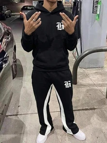 SHEIN 兒童青少年男孩新款休閒時尚極簡哥德字母印花運動風拼色黑白連帽衛衣與喇叭褲兩件套，適合秋冬、學校、家庭聚會、返校、生日派對、攝影、度假、節日、運動、舒適 - 黑與白 - 查看 6