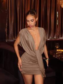 Slaydiva Sleeveless Deep V Mini Dress Draped Shoulder Twist Front Asymmetric Sash Ruched Bodycon Club Dress - Khaki - View 3