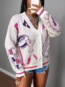 Slaydiva Women's Letter Print Casual Daily Long Sleeve Cardigan - Multicolor - View 4