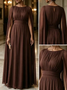 Velvienne Plus Size Women's Elegant Formal Cocktail Cape Sleeve Maxi Dress,Pleated Round Neck Evening Gown For Wedding Dinner Guest Brown Summer - Brown - View 1