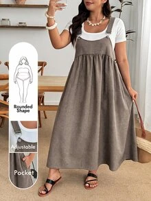 Enliva Plus Size Autumn Plaid Sleeveless High Waist Pinafore Midi Dress Apple - Brown - View 1