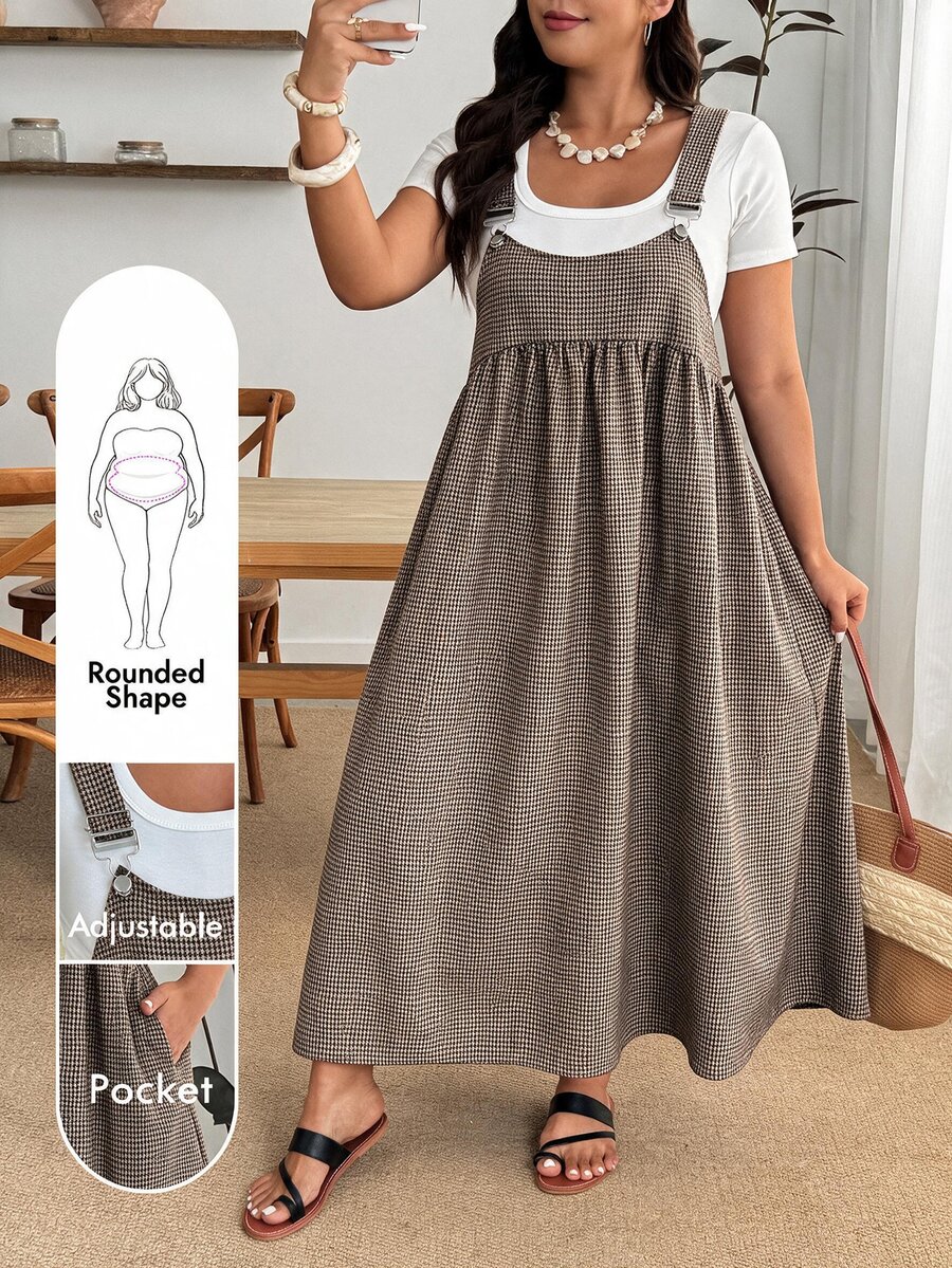 Enliva Plus Size Autumn Plaid Sleeveless High Waist Pinafore Midi Dress Apple - Brown - View 1
