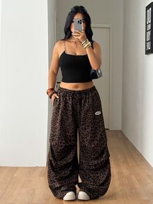 SHEIN CURVE+ Plus Size Women's Spring And Summer Basic Striped Tree Branch Pattern Wide Leg Sports Pants - Brown - View 2