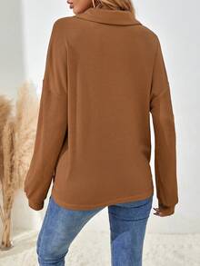 SHEIN LUNE 女款復古極簡鈕扣半開襟長袖T恤 - 摩卡棕 - 查看 2