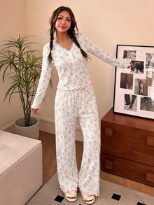 SHEIN Teen Girl Teen Girl Sweet Simple Pink Ditsy Floral V-Neck Half-Open Front Lace Trim Ruffle Long Sleeve Pants Soft Comfortable Loungewear Pajama Set 2pcs - White - View 1