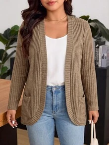 SHEIN LUNE CURVE Plus Size Buttonless Ribbed Knit Cardigan Women, Loose Fit With Pockets Long Sleeve Outerwear Casual Commute Slimming Soft Knit Jacket - Camel - View 5