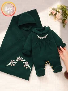 SHEIN 粉色嬰兒針織連身衣，精緻刺繡彼得潘領，連腳連身褲 3 件套，帽子 + 編織毯，新生兒套裝 - 墨綠色 - 查看 5