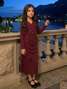 DAZY Tween Girl) V-Neck Pleated Asymmetric Long Dress, Autumn Dress - Burgundy - View 4