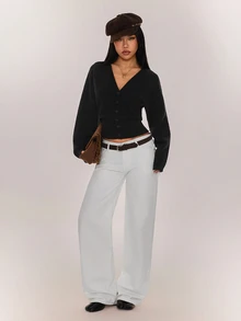 SHEIN PETITE Women's Solid Color Button Fitted Waist Knit Cardigan, Casual Everyday Wear, Autumn/Winter - Black - View 6