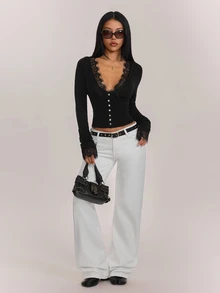 SHEIN PETITE كارديجان نسائي رقيق بأكمام طويلة وتصميم مرقع بالدانتيل وأزرار أمامية مفردة - الأسود - مشاهدة 5