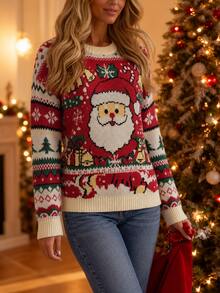SHEIN Women's Autumn/Winter Casual Christmas Pattern Crew Neck Long Sleeve Knit Pullover Sweater - Multicolor - View 3