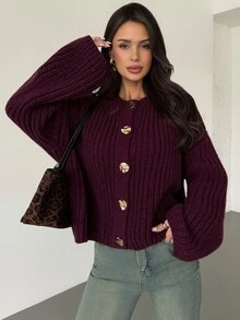 Firerie Vintage Metal Button Long Sleeve Knit Cardigan - Red - View 6