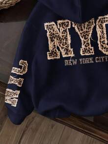 Comfortcana 休閒極簡風 NYC 豹紋英文字母海軍藍運動衫，適合秋冬穿著 - 彩色 - 查看 4