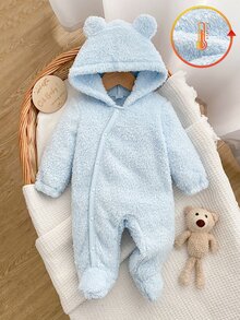 SHEIN 新生兒嬰兒春秋冬季毛絨布料連身衣，可愛連帽設計深受孩子喜愛，採用舒適柔軟親膚面料製成，適合兒童居家穿著，為孩子帶來舒適睡眠與健康成長 - 淺藍色 - 查看 1
