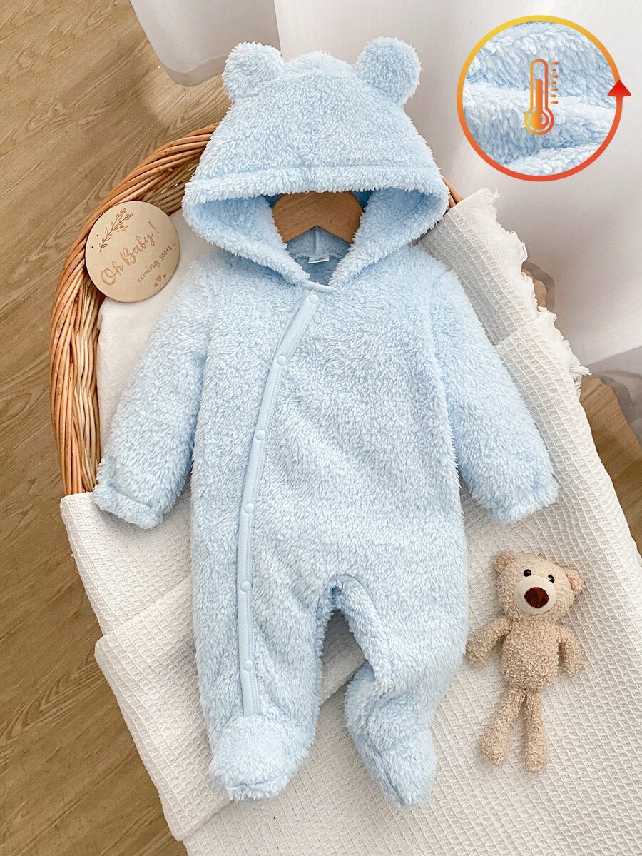 SHEIN 新生兒嬰兒春秋冬季毛絨布料連身衣,可愛連帽設計深受孩子喜愛,採用舒適柔軟親膚面料製成,適合兒童居家穿著,為孩子帶來舒適睡眠與健康成長 - 淺藍色 - 查看 1