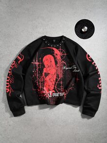 ROMWE MEN Men's Loose Long Sleeve T-Shirt With Rivet Decor And Anime Character Print - Black - View 1