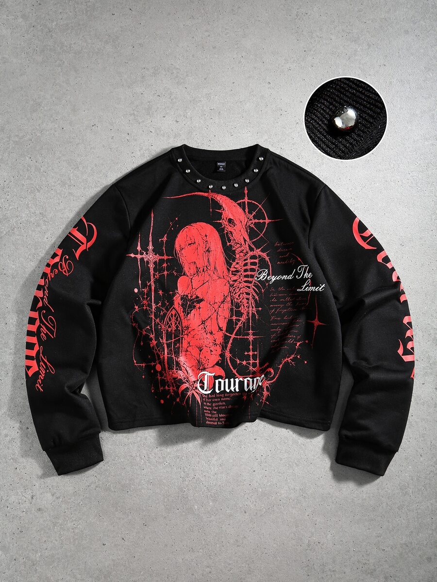 ROMWE MEN Men's Loose Long Sleeve T-Shirt With Rivet Decor And Anime Character Print - Black - View 1