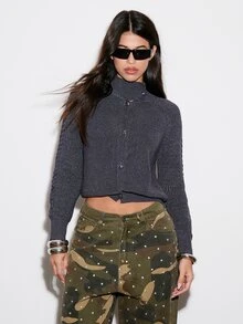 BAD SUNDAY Women's Autumn/Winter High Neck Long Sleeve Oversized Washed Distressed Knit Cardigan Y2K Millennium Versatile Streetwear - Black - View 3