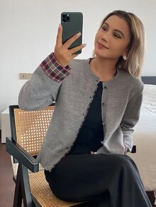 Livesso Women's Grey Round Neck Button Cable Knit Long Sleeve Slim Fit Ribbed Cardigan, Autumn/Winter - Grey - View 6