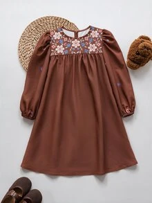 Tween Girl Tween Girl) Brown Lantern Sleeve Embroidered Cute Round Neck Long Sleeve Dress, Suitable For Birthday Party And Daily Wear - Coffee Brown - View 7