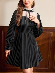 Vintamour Women's Bow Decor Patchwork Striped Ruffle Cuff Elegant Short Dress - Black - View 7