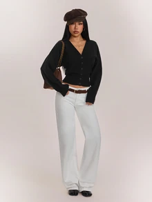 SHEIN PETITE Women's Solid Color Button Fitted Waist Knit Cardigan, Casual Everyday Wear, Autumn/Winter - Black - View 5