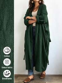Linhara CURVE Women's Long Casual Linen Jacket, Outdoor Casual, Commute Top - Dark Green - View 4