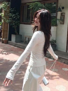 DAZY Women's Heart Print Slim Fit Long Sleeve Deep V-Neck Casual Daily Korean Style Spring Autumn Base Layer T-Shirt - White - View 2