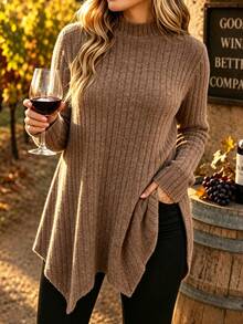Velvienne Women's Plus Size Long Sleeve Casual T-Shirt, Asymmetrical Hem Design, Brushed Fabric, Autumn/Winter, Casual Commute, Outdoor Wear - Brown - View 1