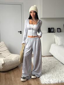 StreetHx Y2K Punk Style Leopard Print Patchwork Hooded Zip-Up Jacket & Gradient Leopard Side Studded Wide Leg Floor-Length Sweatpants 2 Pieces Set - Multicolor - View 4