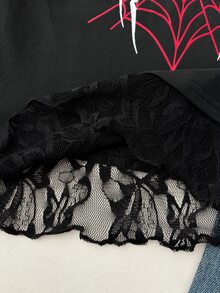 Girlism 青少年女孩早秋黑色蜘蛛圖案針織收腰設計對比蕾絲 2 合 1 T恤，適合日常通勤、返校穿搭，哥德風 - 黑色 - 查看 4