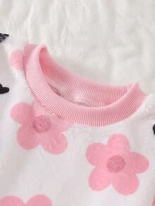 SHEIN 女嬰甜美韓風粉色蝴蝶結印花法蘭絨圓領寬鬆長袖秋季/秋冬褲子2件套，加厚雙面抓毛 - 彩色 - 查看 7