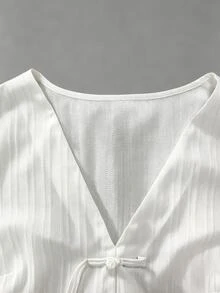 SHEIN LUNE CURVE Plus Size V-Neck Elegant New Chinese Style Frog Button Decor Long Sleeve Blouse - White - View 3