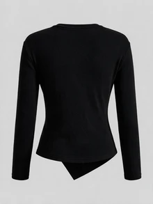 SHEIN BASICS 3-Pack Women's Solid Crew-Neck Long-Sleeve Ruched Side-Slit Casual T-Shirt - Multicolor - View 5