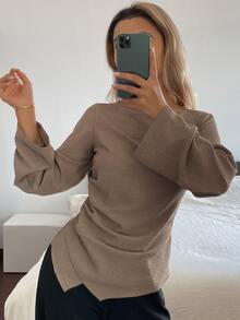 DAZY Solid Color Fitted Pleated Long Sleeve Round Neck Casual Elegant Vacation Korean Style Spring Autumn Blouse For Women - Khaki - View 4