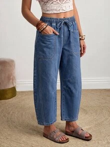 EMERY ROSE Plus Size Women's Drawstring Waist Pocket Casual Everyday Denim Jeans - Blue - View 4