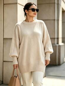 Trelyra Plus Size Women's Solid Color Casual Daily Long Sleeve Sweater - Apricot - View 5