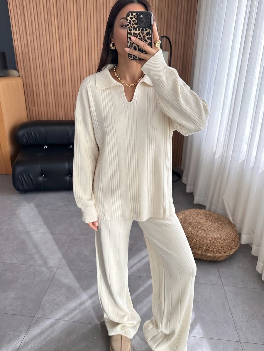 SHEIN Women's Rib Knit Collared Sweater & Wide Leg Pants 2 Pieces Lounge Set - Cream - View 1
