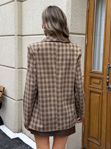 SHEIN LUNE 休閒通勤女款西裝外套 長袖 秋冬格紋 日常基礎時尚外套套裝 - 棕色 - 查看 2