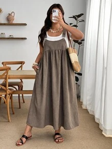 Enliva Plus Size Autumn Plaid Sleeveless High Waist Pinafore Midi Dress Apple - Brown - View 3