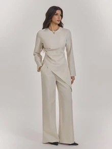SHEIN Tall طقم نسائي طويل بلون موحد مع قميص وبنطال بتصميم غير منتظم مطوي – ملابس من قطعتين - لون مشمشي - مشاهدة 3