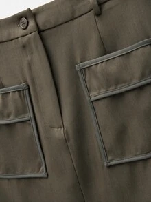 Nöista Misi Skirt Contrast Piping And Front Slit Opening - Khaki - View 10