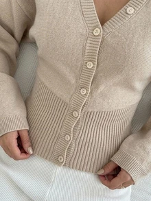 DAZY Cardigan Rajut Wanita Warna Beige, Kerah V, Kancing Tunggal, Pinggang Pas, Hem Bergaris, Lengan Panjang, Serbaguna - Khaki - View 3